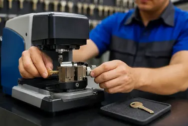 Chaveiro confeccionando uma chave com uma máquina especializada.