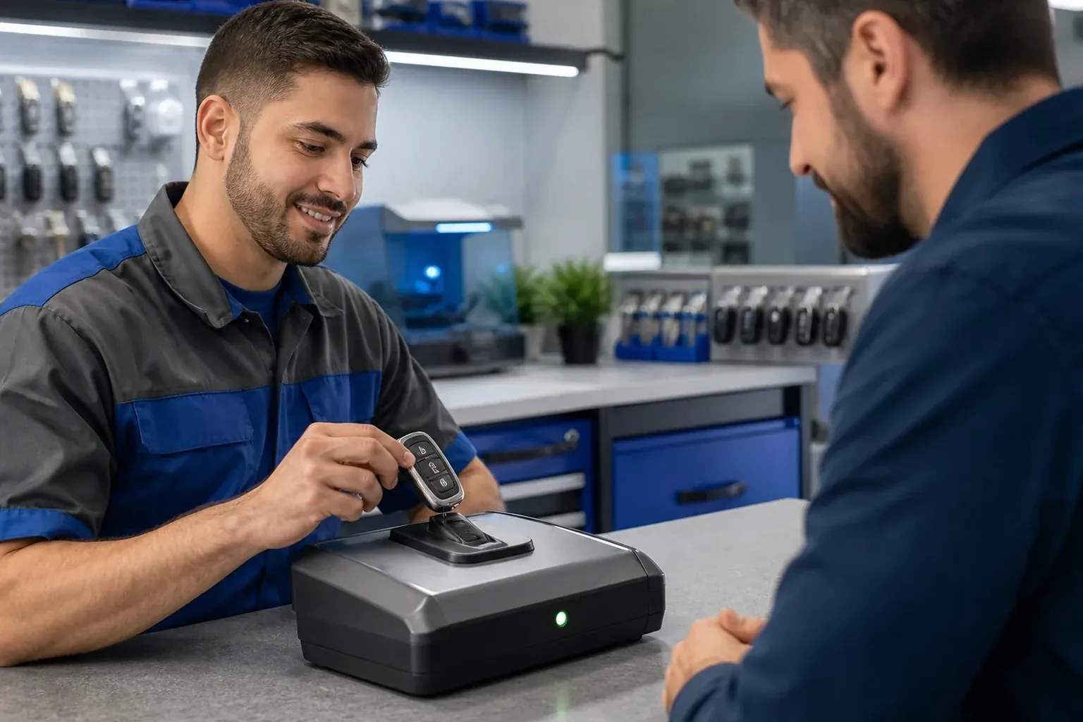Chaveiro configurando uma chave de carro eletrônica com equipamento apropriado.