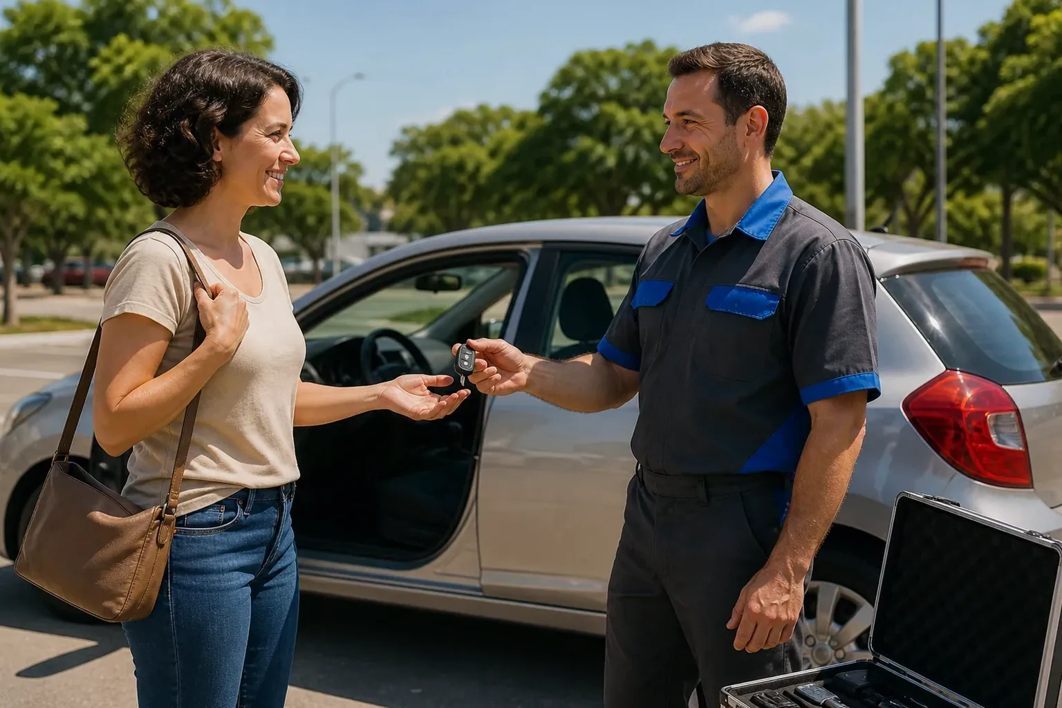 Chaveiro realizando a abertura de um carro usando ferramentas especializadas.