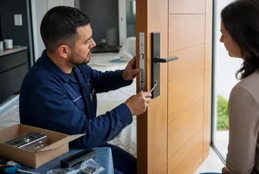 Chaveiro realizando a instalação de uma fechadura nova em uma porta.