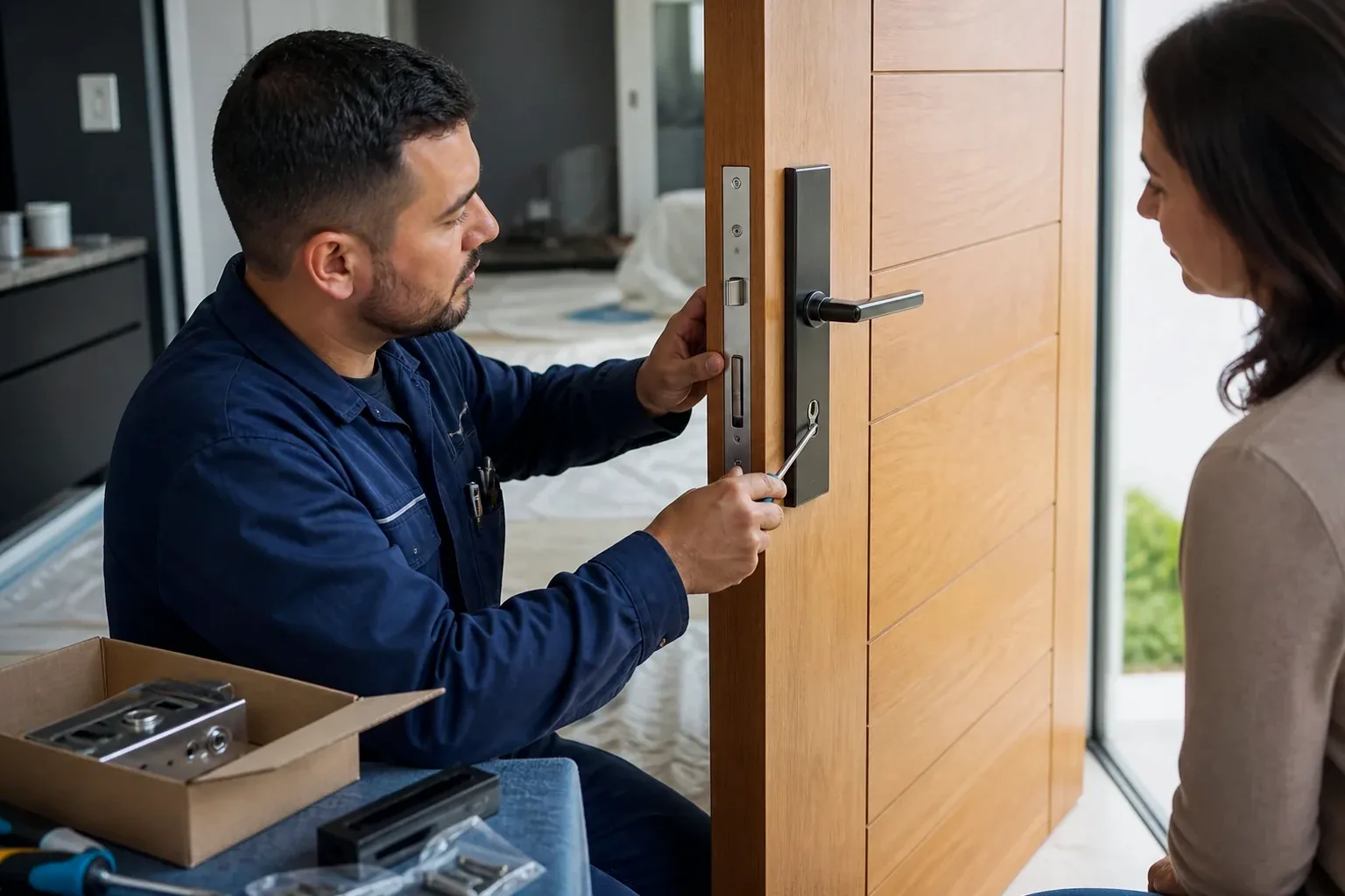 Chaveiro realizando a instalação de uma fechadura nova em uma porta.