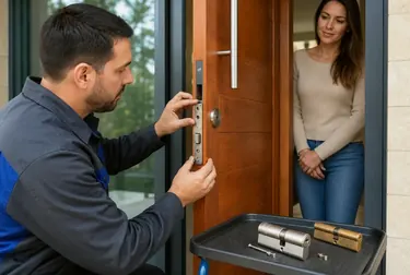 Chaveiro realizando a instalação de una nova fechadura em uma porta.