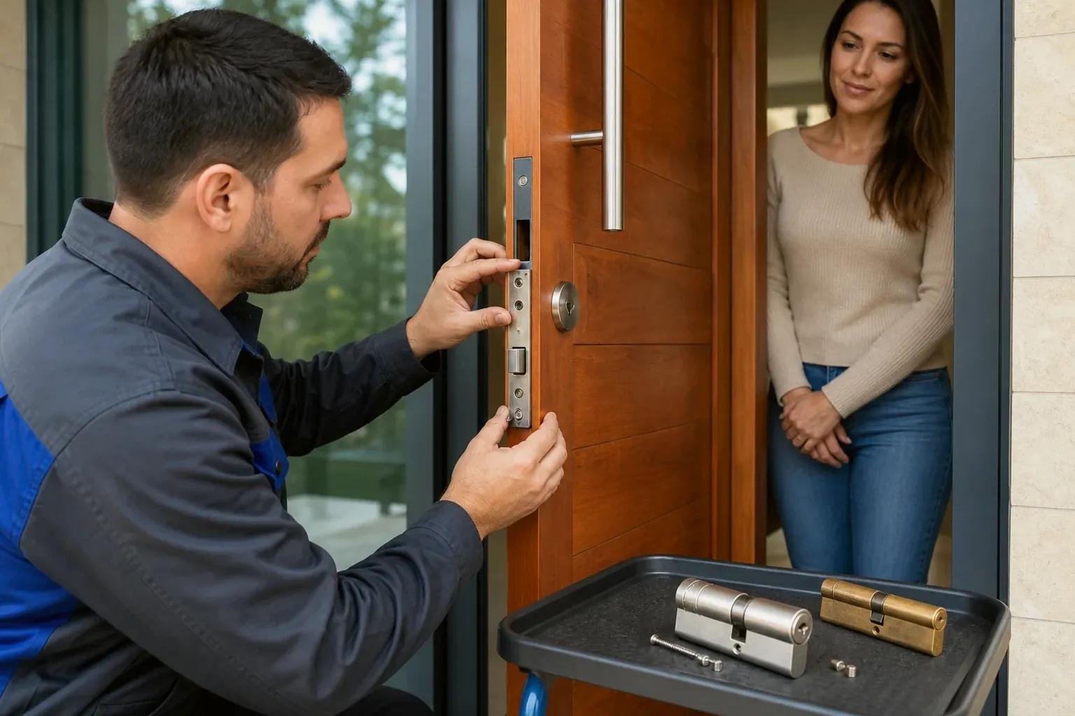 Chaveiro realizando a instalação de una nova fechadura em uma porta.
