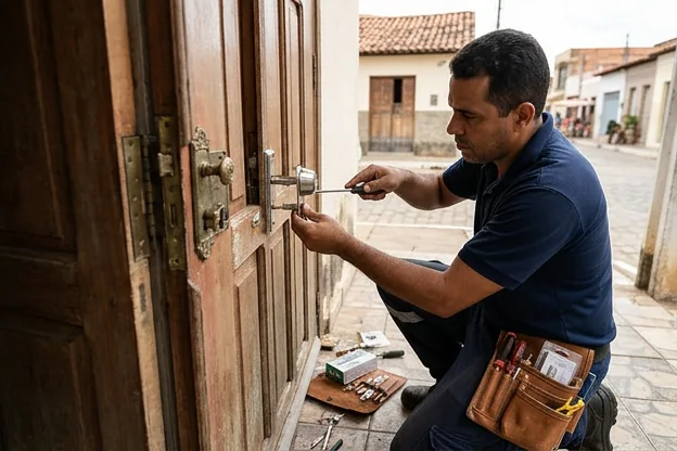 Chaveiro realizando a troca de uma fechadura na porta de uma residência.
