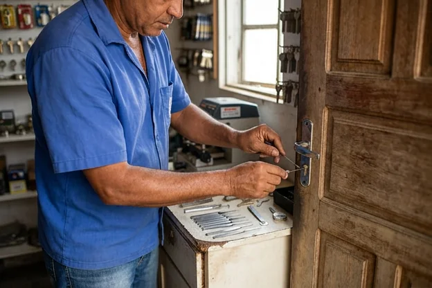 Chaveiro usando ferramentas para abrir uma porta de forma segura.