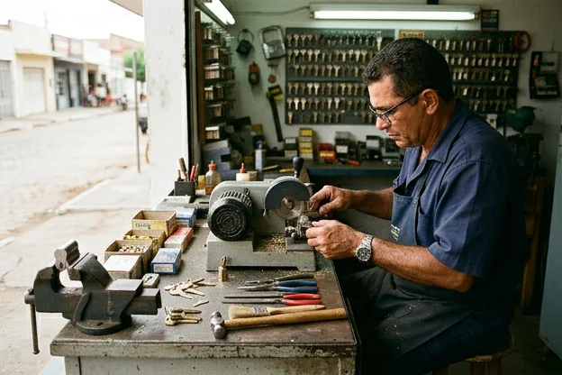 Chaveiro usando uma máquina para fazer uma cópia de chave com precisão.