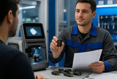 Chaveiro utilizando uma máquina para criar uma chave codificada com precisão.